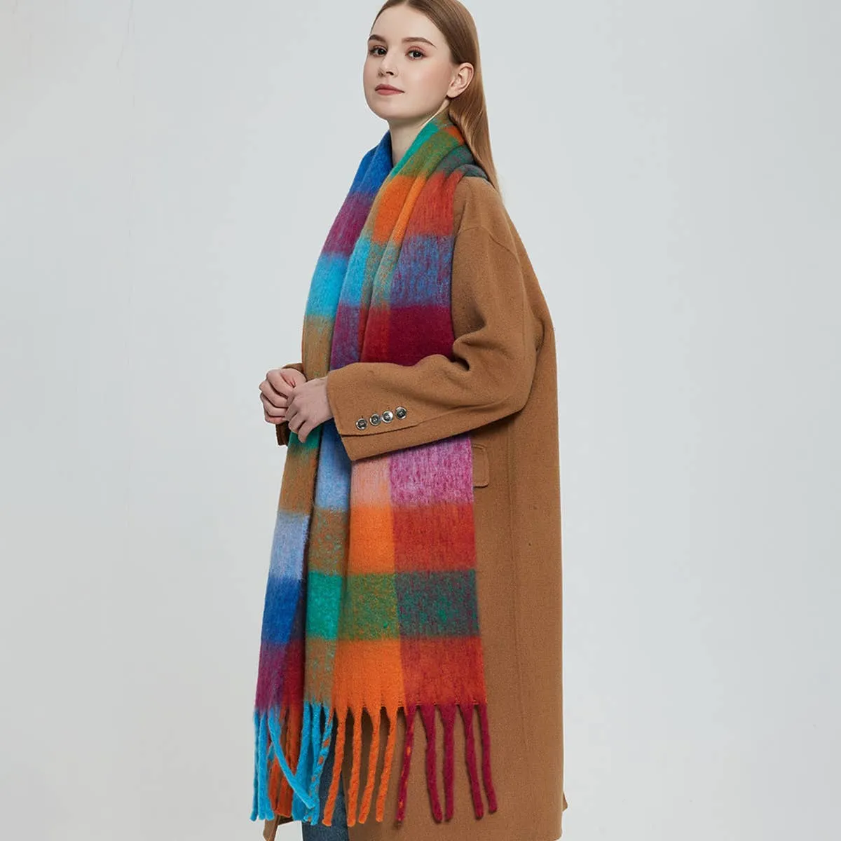 Accity | PLAID PATTERN FRINGE TRIM WINTER SCARF: PINK/BLUE