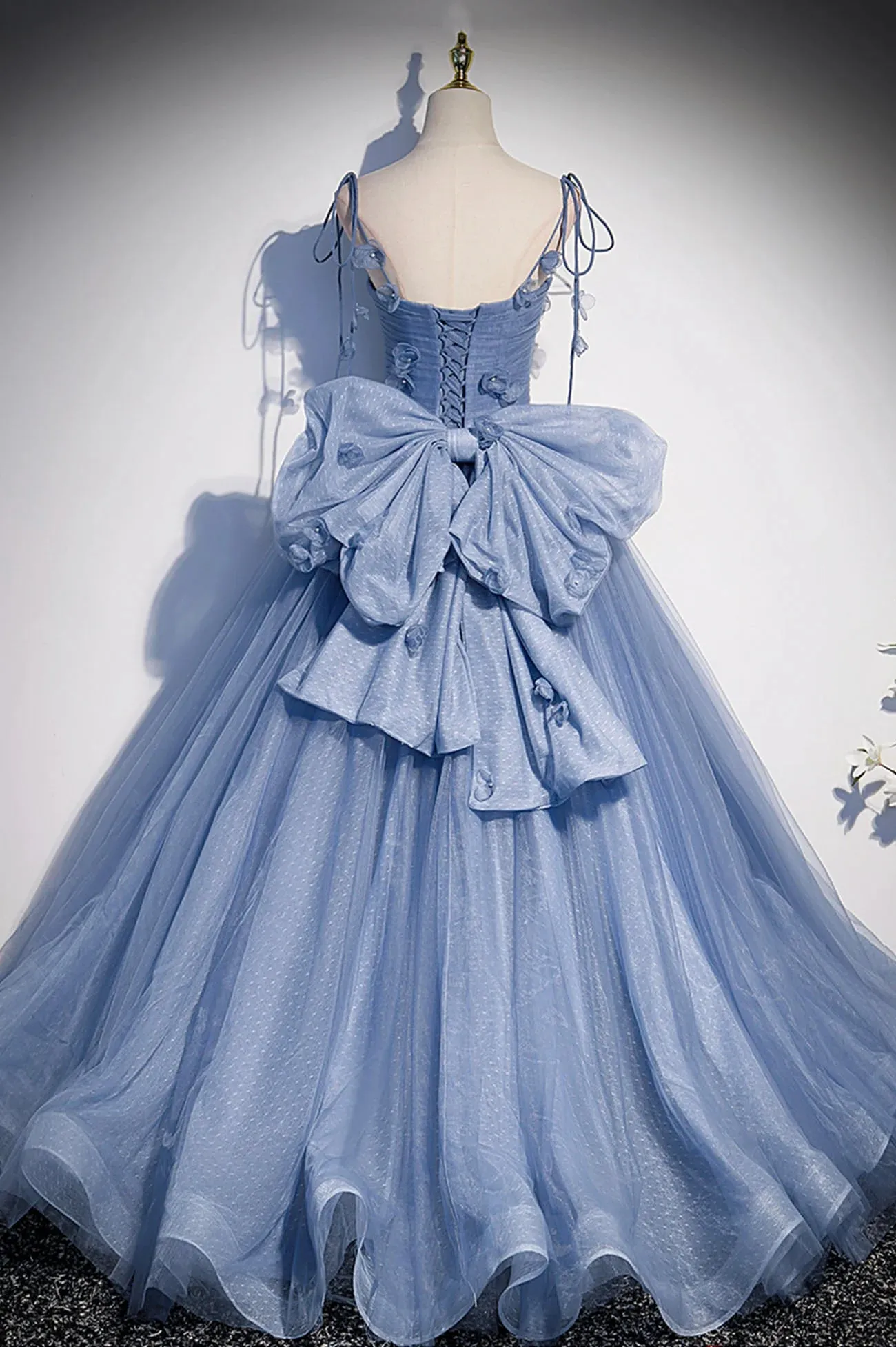 Blue Spaghetti Strap Tulle with Flowers Long Formal Dress, Blue Party Dress with Bow