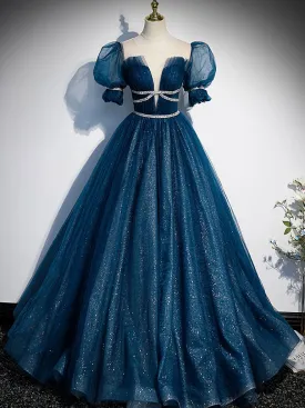 Blue Tulle Off Shoulder Long Prom Dress Blue Tulle Formal Dress