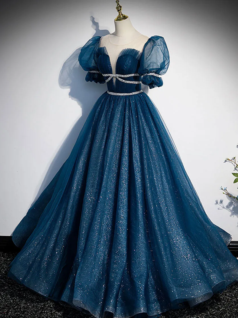 Blue Tulle Off Shoulder Long Prom Dress Blue Tulle Formal Dress