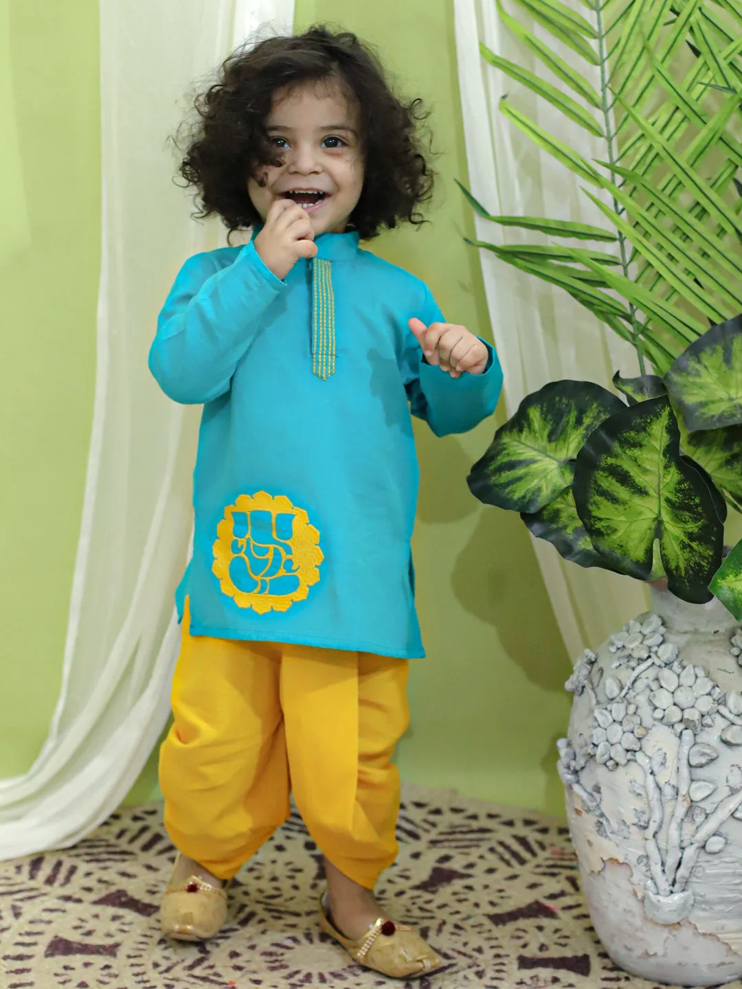 Boys Ethnic Festive Wear Ganesh Embroidery Cotton Dhoti Kurta for Boys- Green