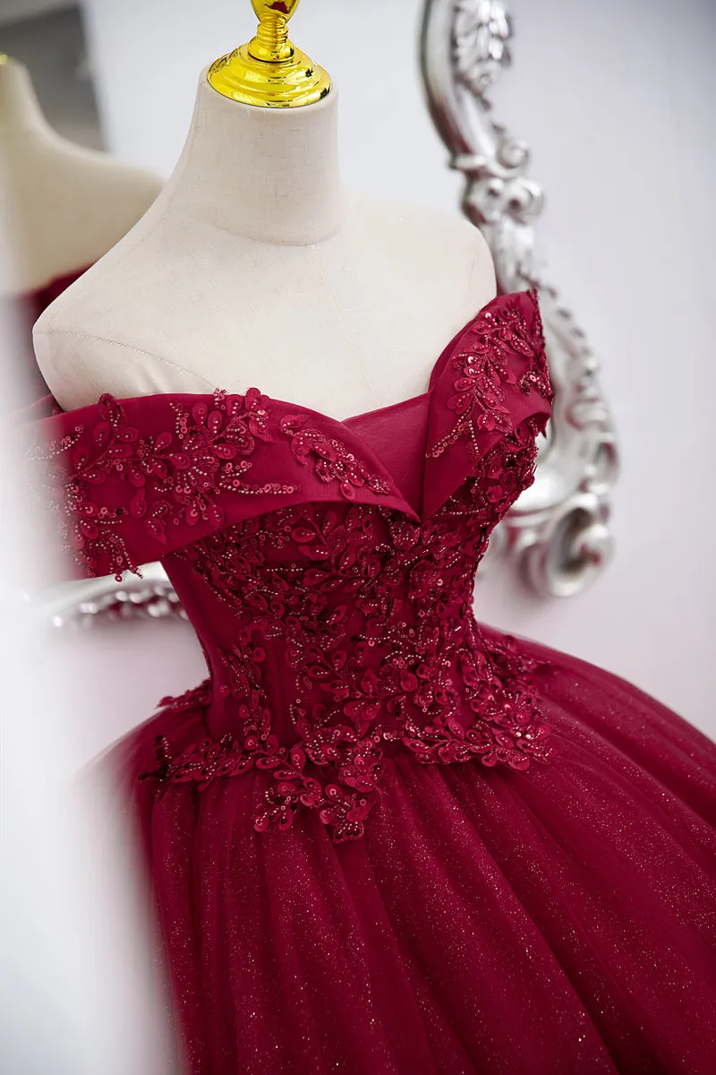 Burgundy Sweetheart Flowers Sequins Lace Party Dress, Long Formal Dress Prom Dress