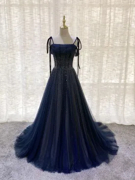 Dark Blue Tulle Sequin Long Prom Dress Blue Tulle Formal Dress