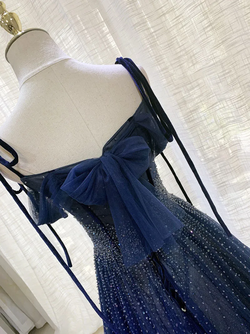 Dark Blue Tulle Sequin Long Prom Dress Blue Tulle Formal Dress