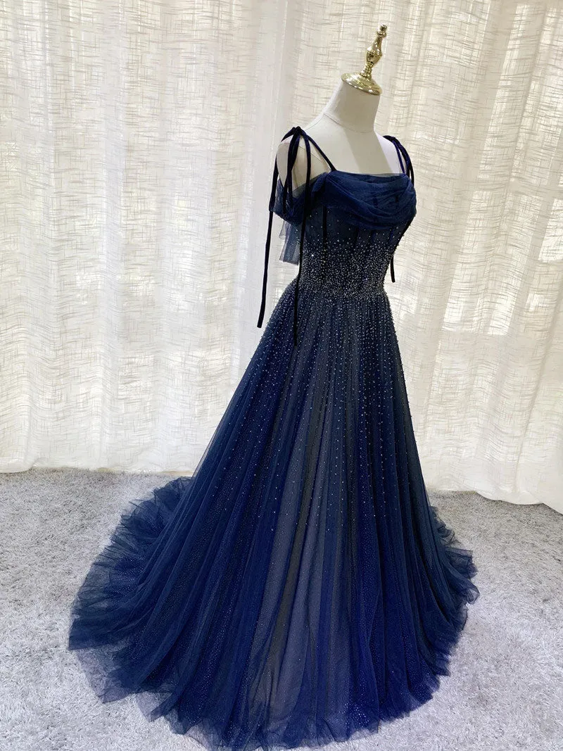 Dark Blue Tulle Sequin Long Prom Dress Blue Tulle Formal Dress