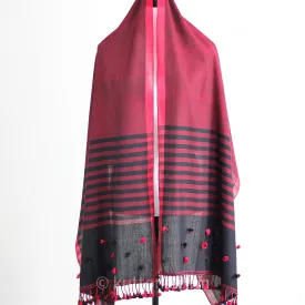 Ethnic Miri Fine Cotton Scarf - Handwoven Wrap with Tassels | Black-Red, 25x76"