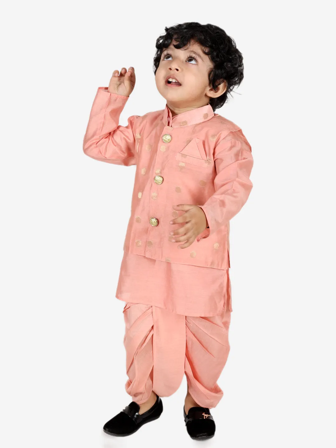 Ethnic Wear Infant Dhoti kurta with Jacket Sibling Set for Baby Boys - Peach