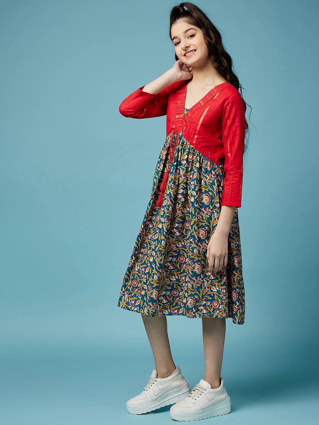 Floral Printed A-Line Cotton Midi Dress