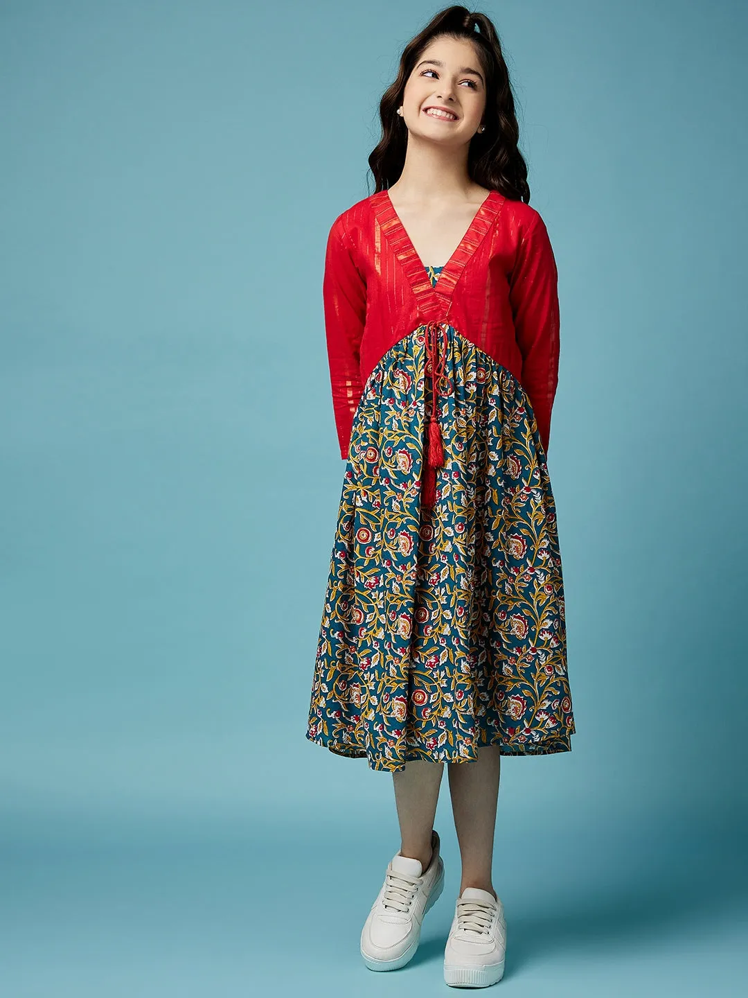 Floral Printed A-Line Cotton Midi Dress