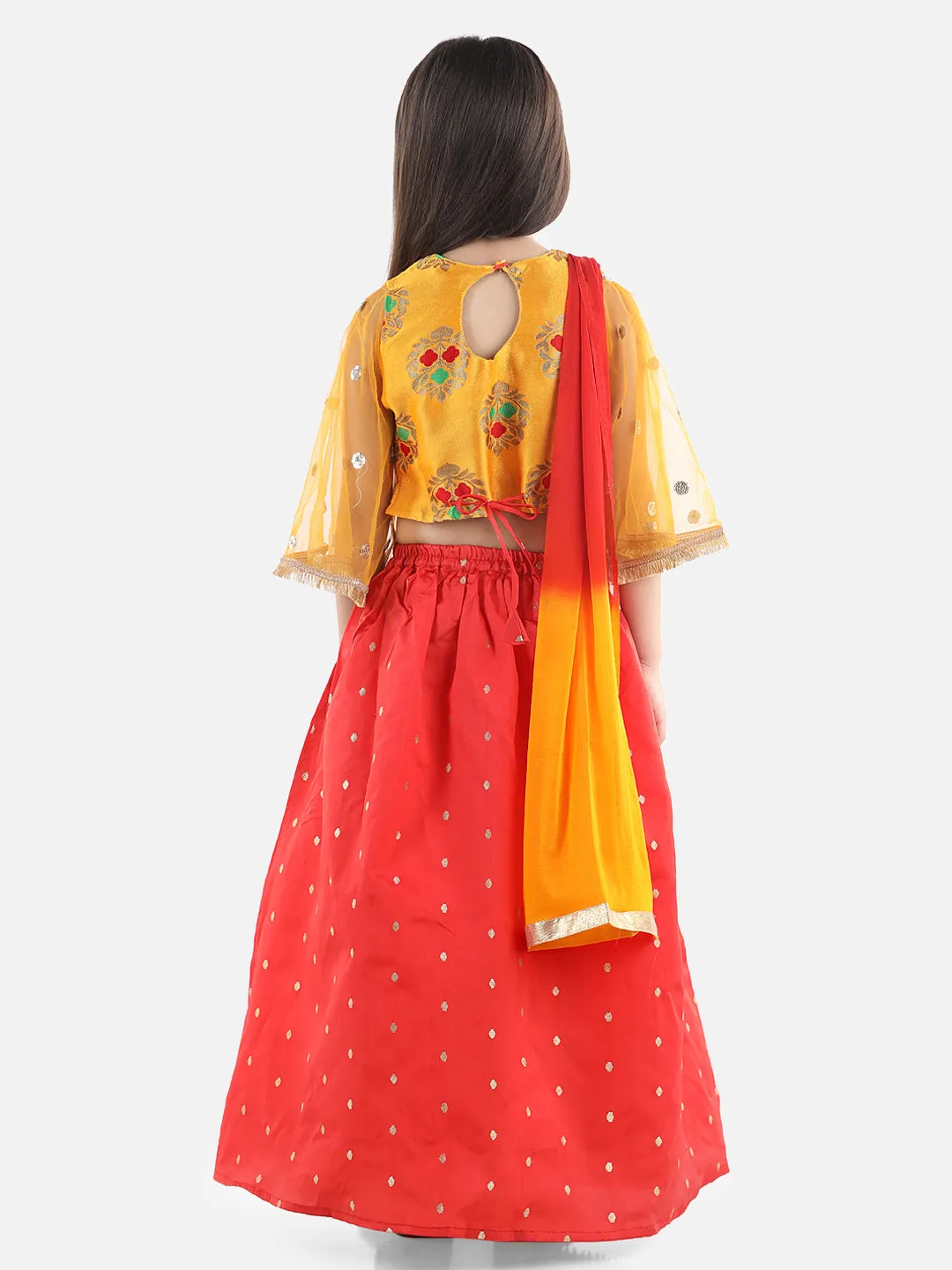 Girls Ethnic Festive Wear Jacquard Flared Sleeve Top with Silk Lehenga with Dupatta- Yellow