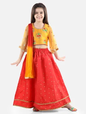 Girls Ethnic Festive Wear Jacquard Flared Sleeve Top with Silk Lehenga with Dupatta- Yellow