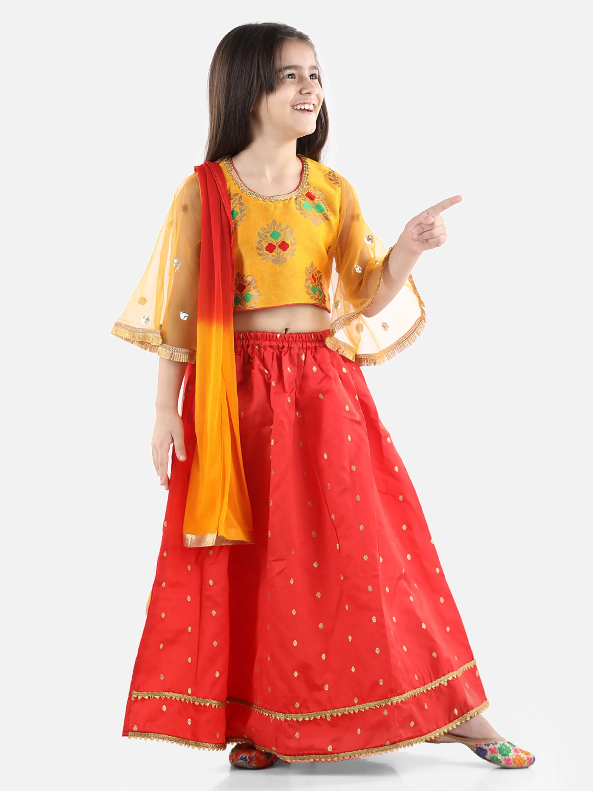 Girls Ethnic Festive Wear Jacquard Flared Sleeve Top with Silk Lehenga with Dupatta- Yellow