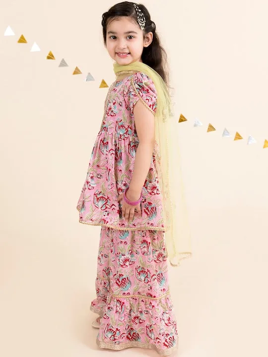 Girls Floral Printed Gotta Patti Pure Cotton Kurta With Sharara Dupatta