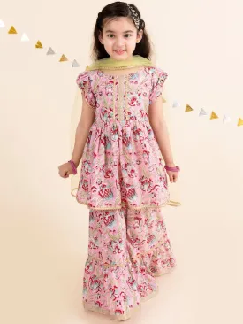 Girls Floral Printed Gotta Patti Pure Cotton Kurta With Sharara Dupatta