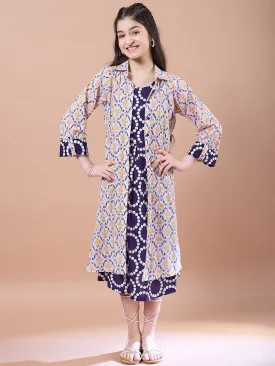 Girls Geometric Print Cotton Round Neck A-Line Midi Dress With Shrug