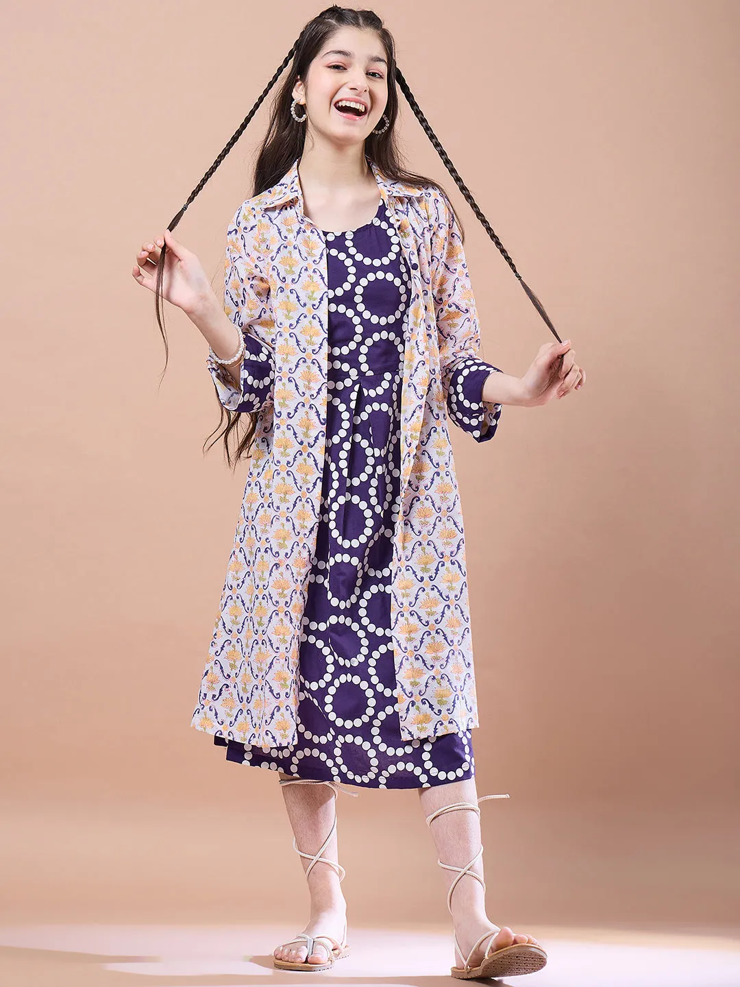 Girls Geometric Print Cotton Round Neck A-Line Midi Dress With Shrug