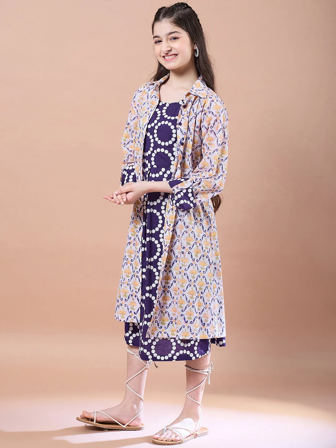 Girls Geometric Print Cotton Round Neck A-Line Midi Dress With Shrug