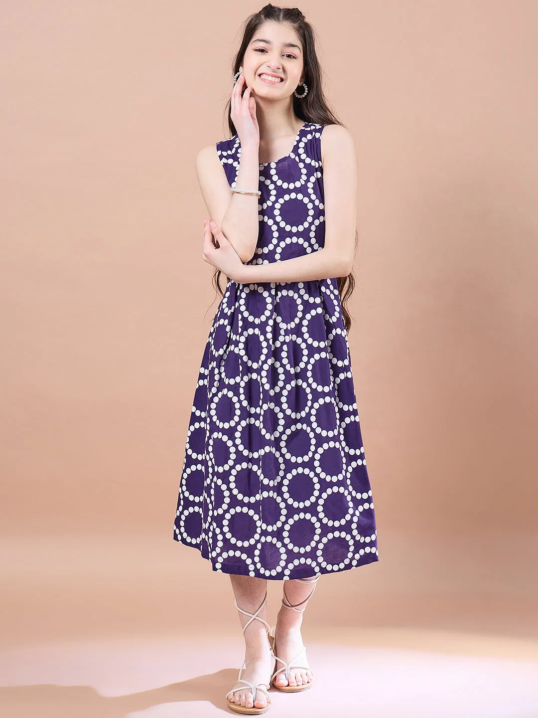 Girls Geometric Print Cotton Round Neck A-Line Midi Dress With Shrug