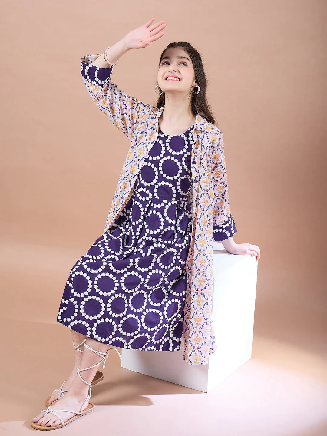 Girls Geometric Print Cotton Round Neck A-Line Midi Dress With Shrug