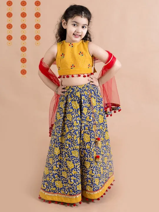 Girls Navy Blue Yellow Cotton Ready To Wear Lehenga Blouse With Dupatta