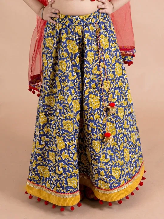 Girls Navy Blue Yellow Cotton Ready To Wear Lehenga Blouse With Dupatta