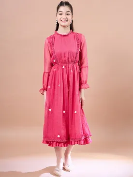 Girls Round Neck Puff Sleeves Fit Flare Midi Dress