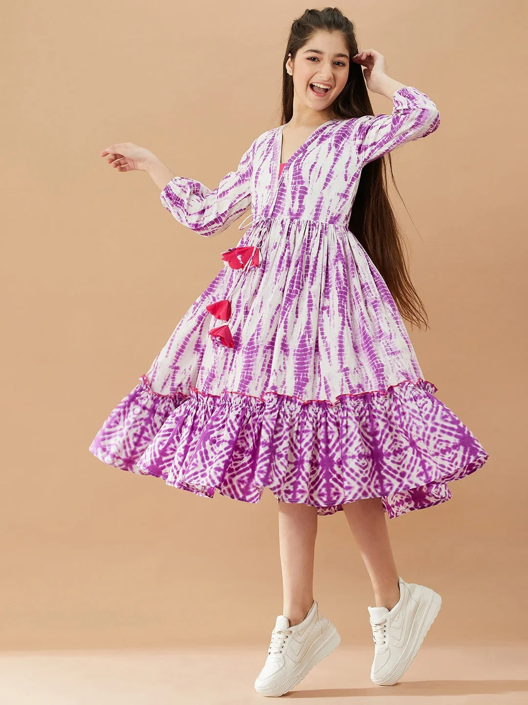 Girls Tie And Dye Cotton A-Line Midi Dress