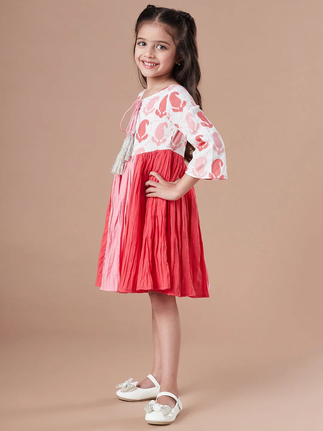 Girls Tie Up Neck Cotton Fit Flare Dress