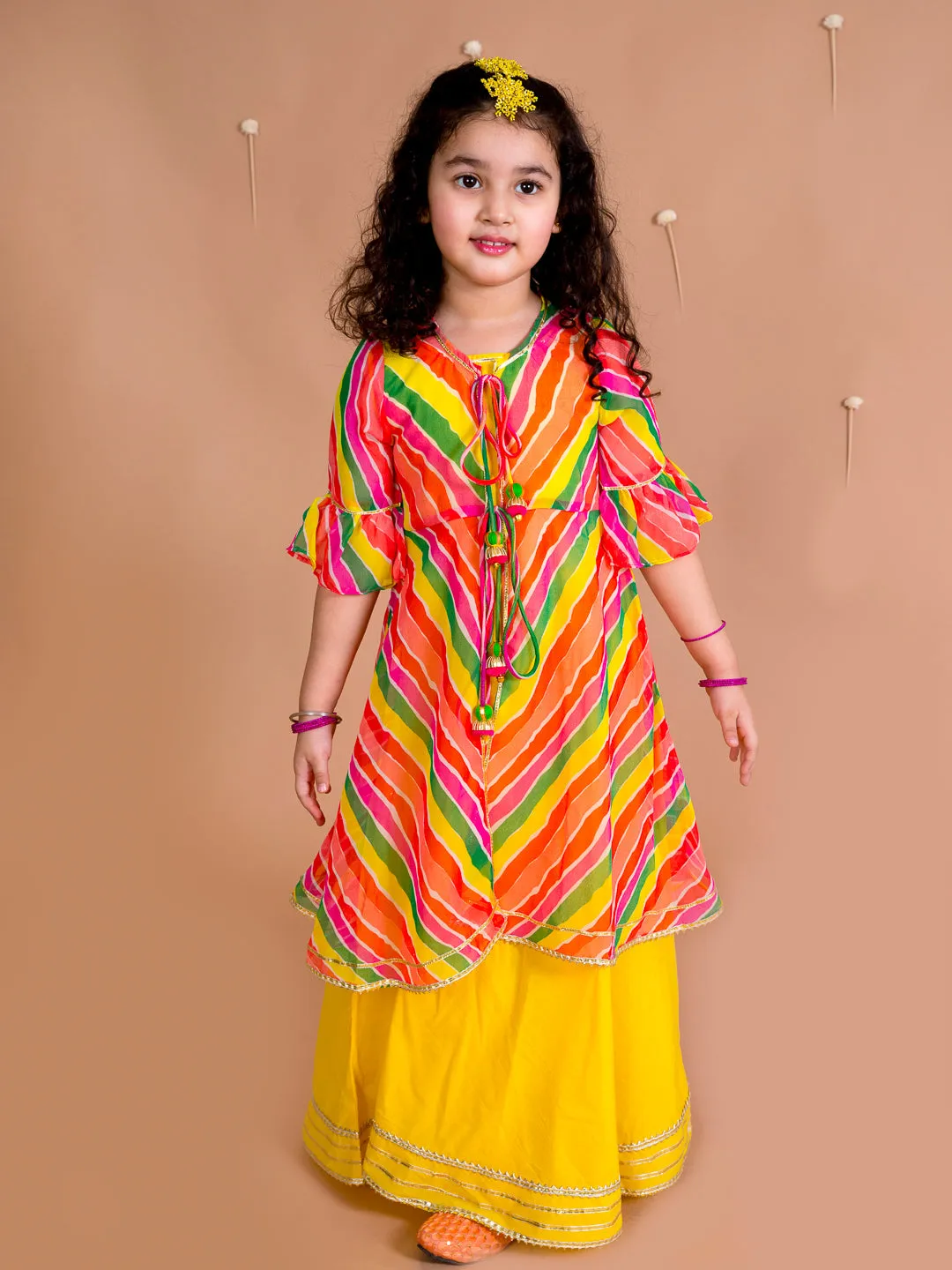 Girls Yellow Orange Geometric Printed Bell Sleeves Kurta