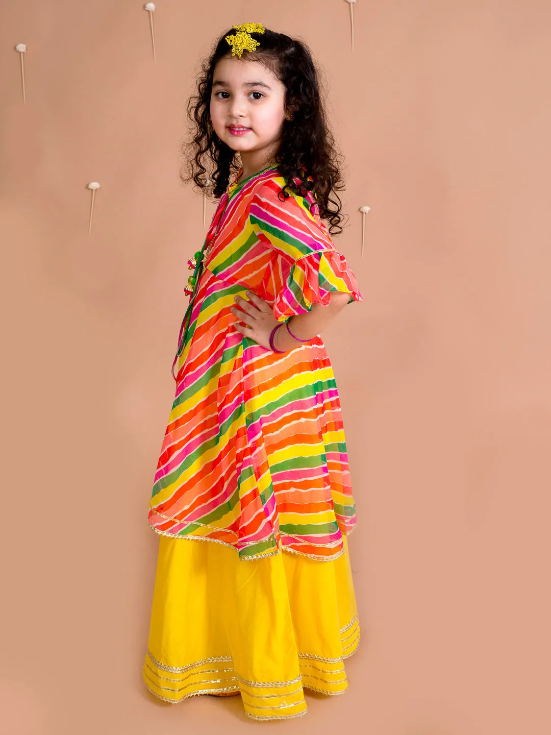 Girls Yellow Orange Geometric Printed Bell Sleeves Kurta