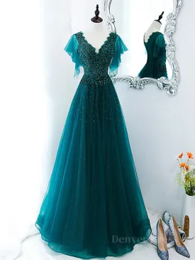 Green v neck tulle beads long prom dress green tulle formal dress