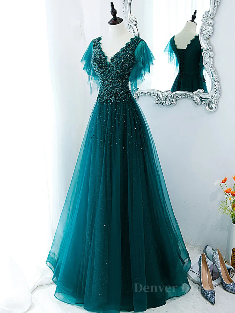 Green v neck tulle beads long prom dress green tulle formal dress