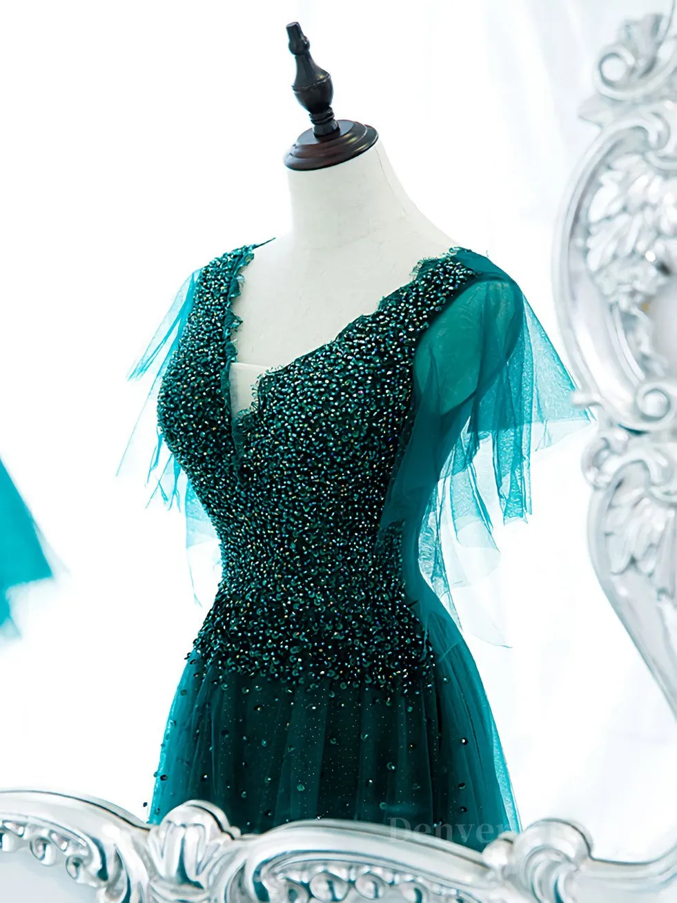 Green v neck tulle beads long prom dress green tulle formal dress