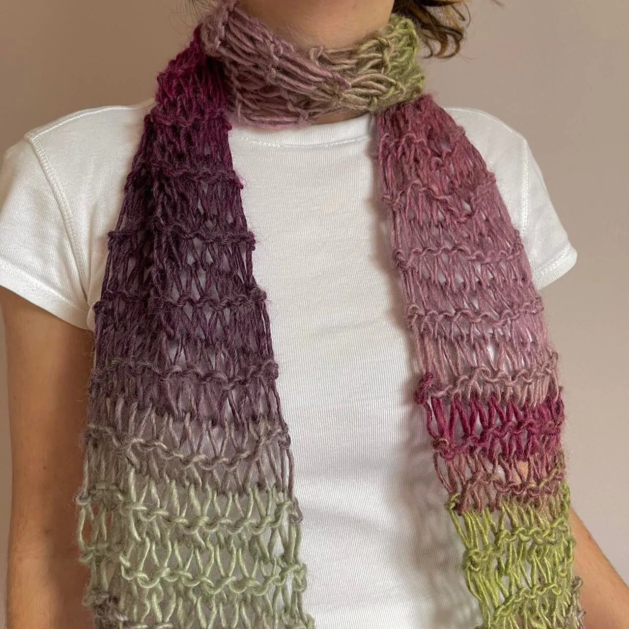 Handmade fishnet knitted scarf in ombré green and purple