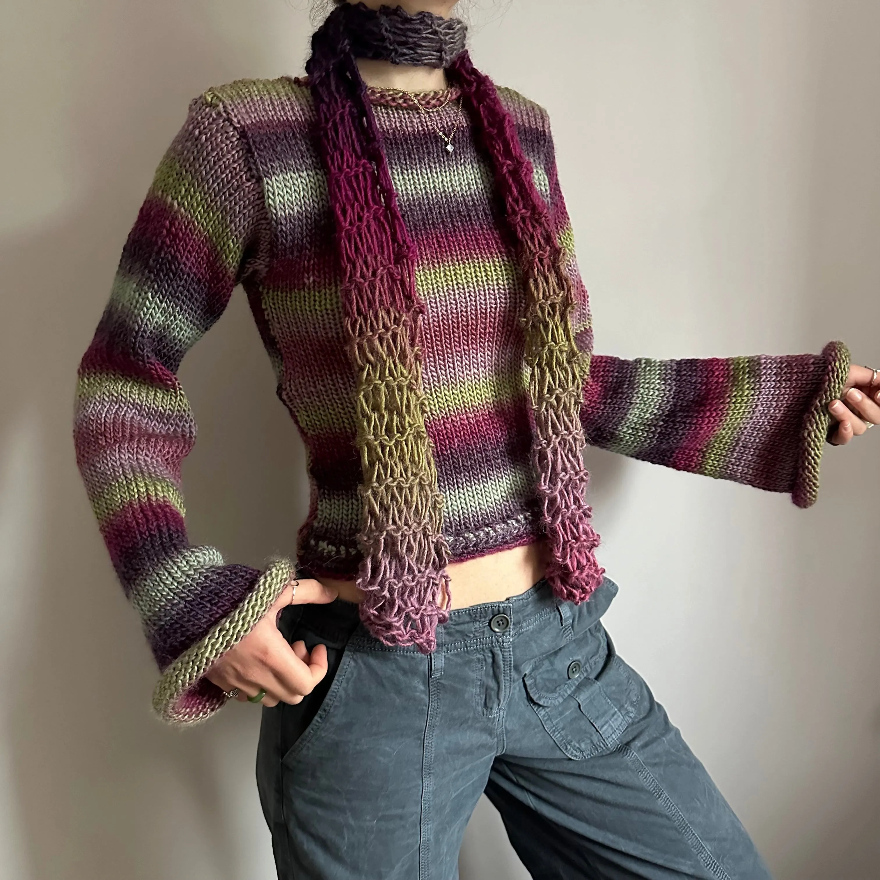 Handmade fishnet knitted scarf in ombré green and purple