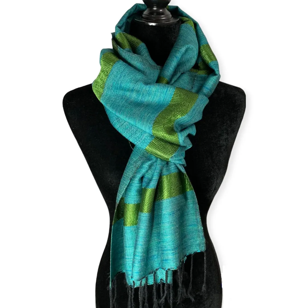 Helyat Handwoven Bamboo Viscose Scarf - Variegated Teal & Olive