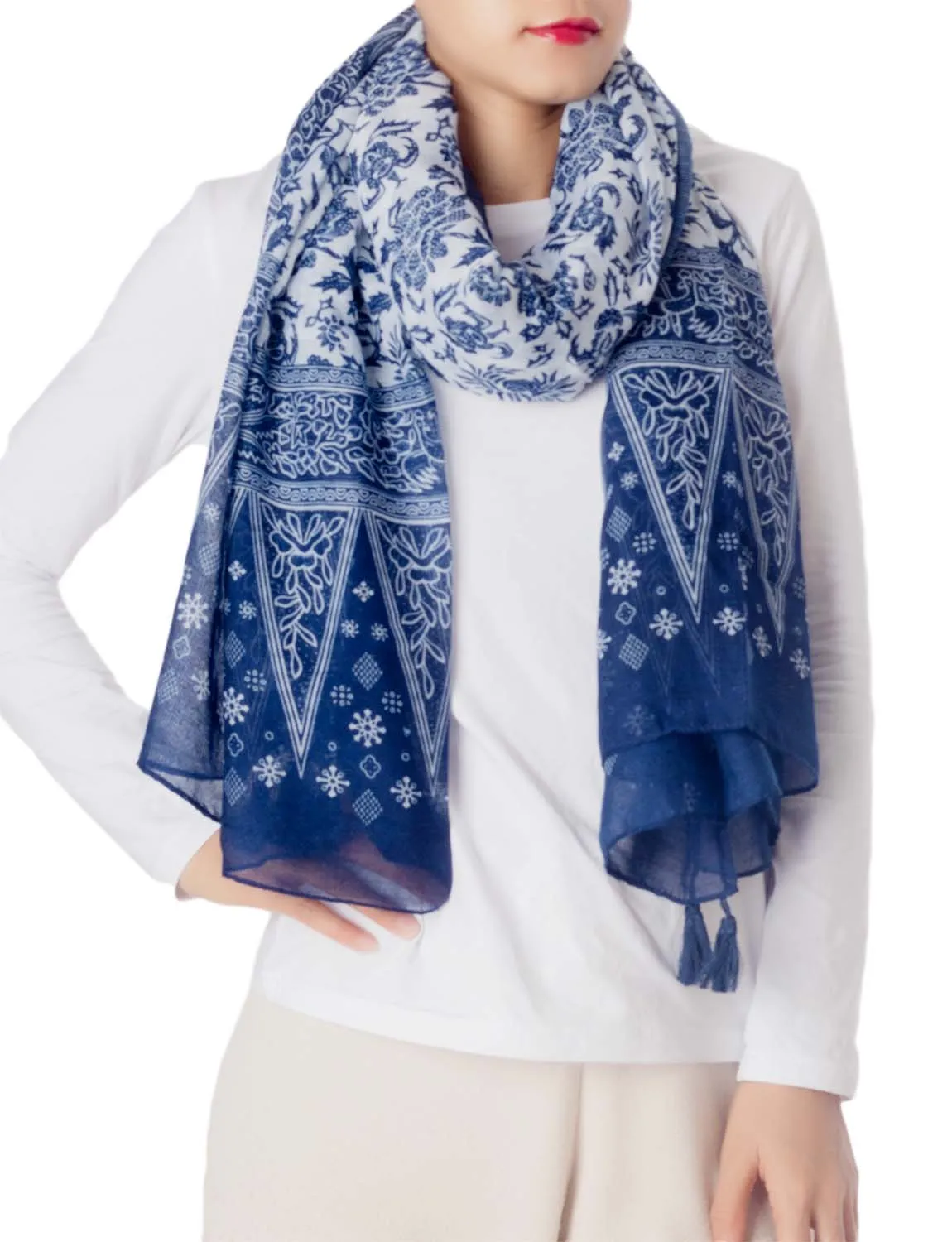 iB-iP Women's Blue-white Porcelain Print Gorgeous Lightweight Long Fashion Scarf