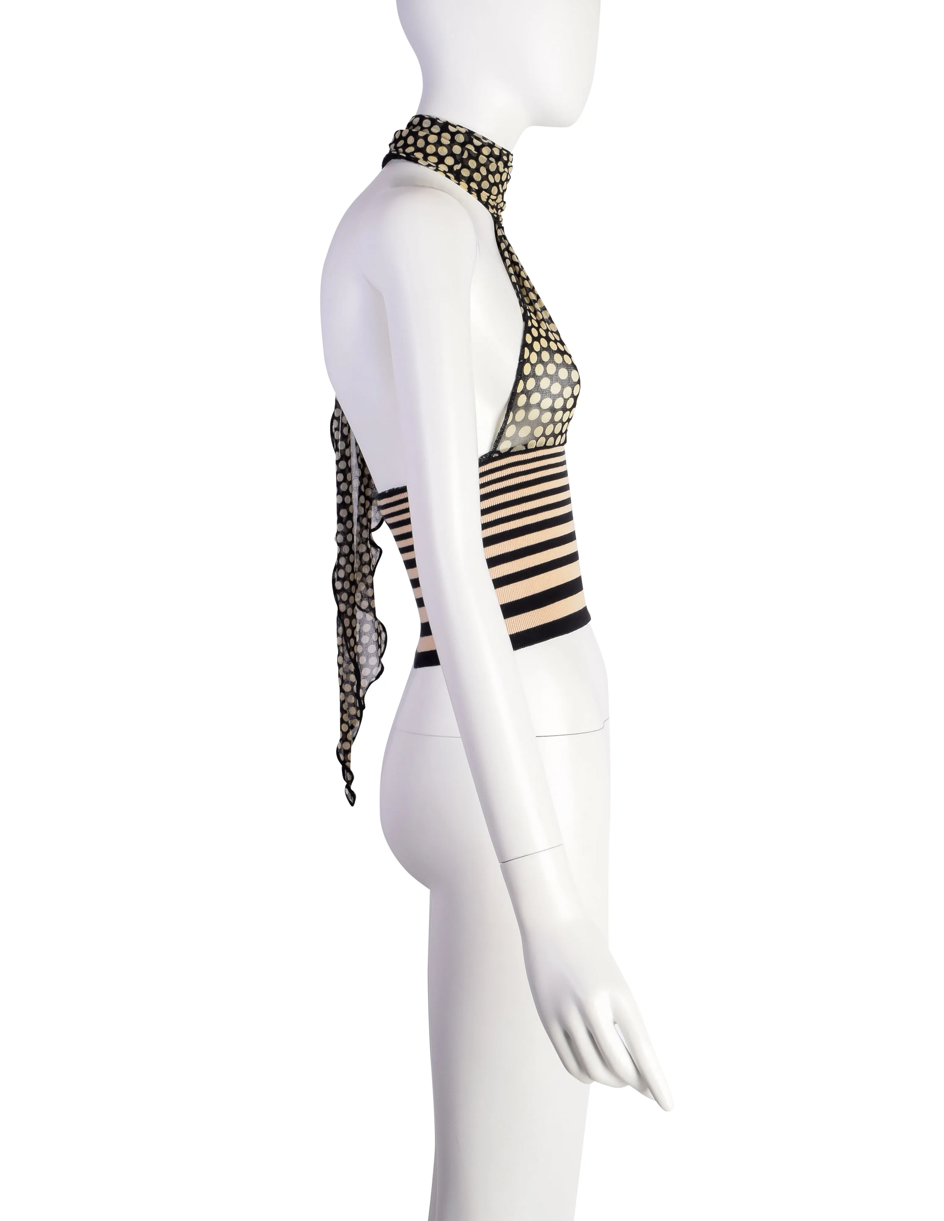 Jean Paul Gaultier Vintage Black Beige Dot Mesh Stripe Knit One Shoulder Halter Top