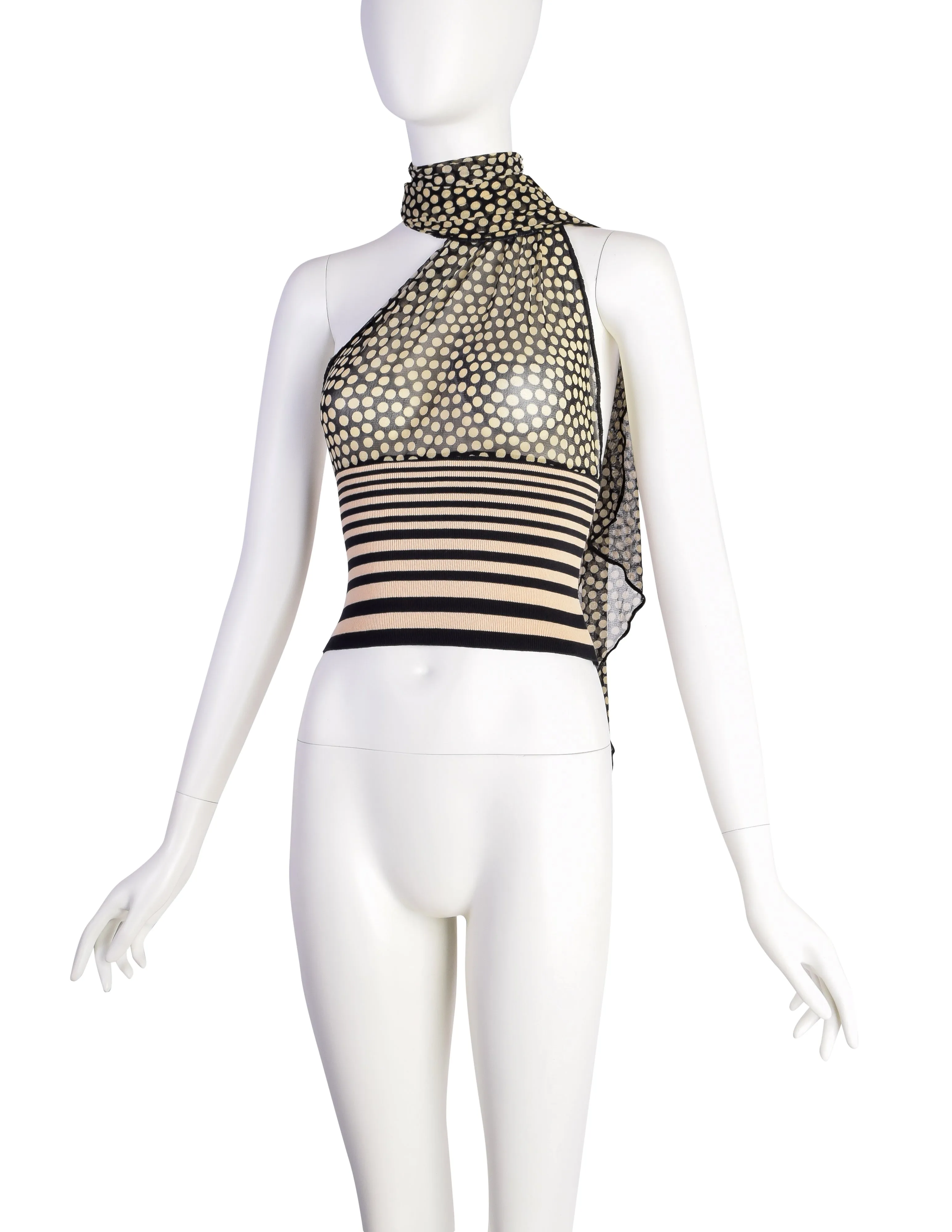 Jean Paul Gaultier Vintage Black Beige Dot Mesh Stripe Knit One Shoulder Halter Top