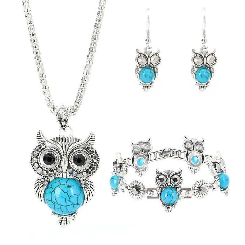 Jewelry Set Ethnic Turquoise Owl Pendant Inlaid Earrings Necklace Bracelet