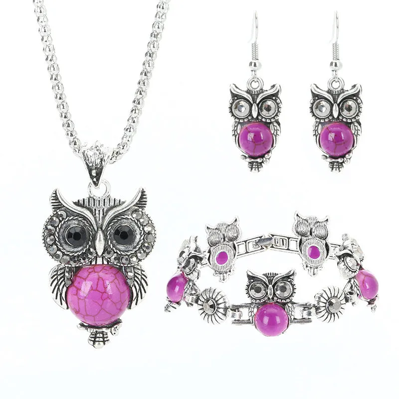 Jewelry Set Ethnic Turquoise Owl Pendant Inlaid Earrings Necklace Bracelet