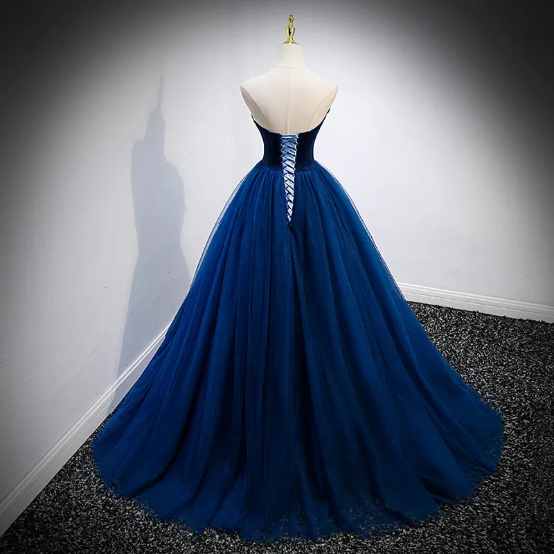 Navy Blue Velvet Top and Tulle Long Formal Dress, Blue Sweetheart Prom Dress