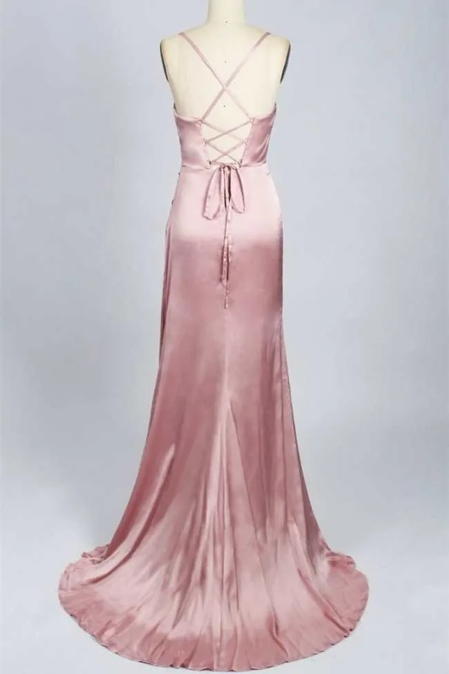 Pink Scoop Neck Lace-Up Back Long Formal Dress with Slit