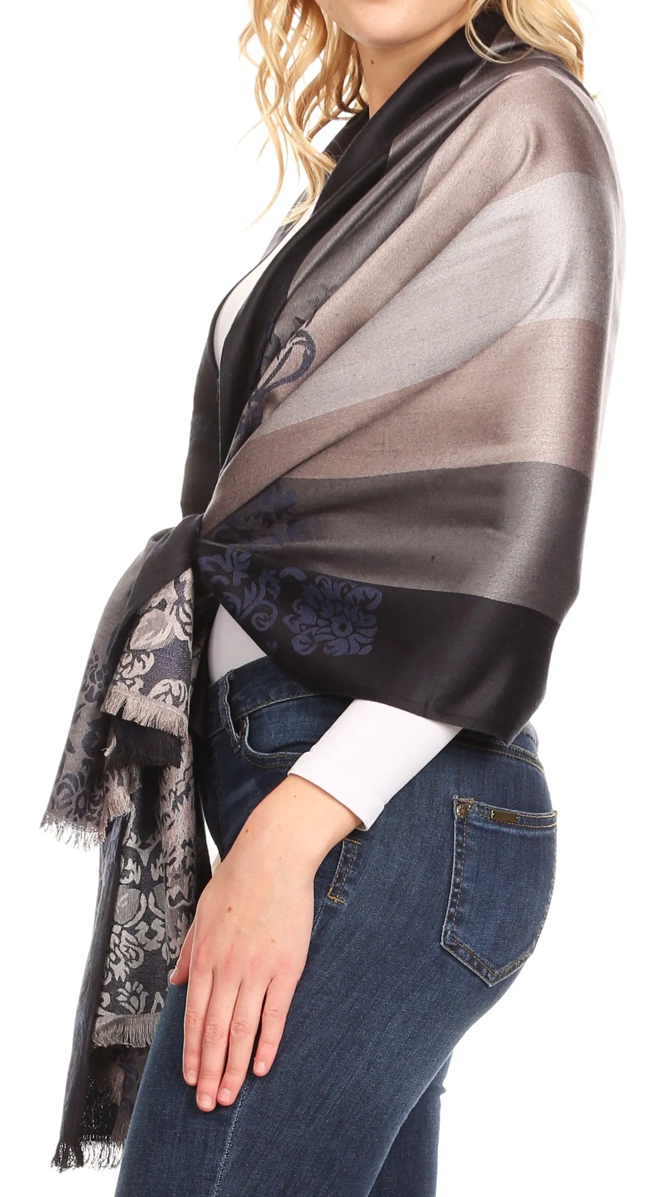 Sakkas Damari Women's Silky Soft Reversible Border Woven Pashmina Scarf Shawl Wrap