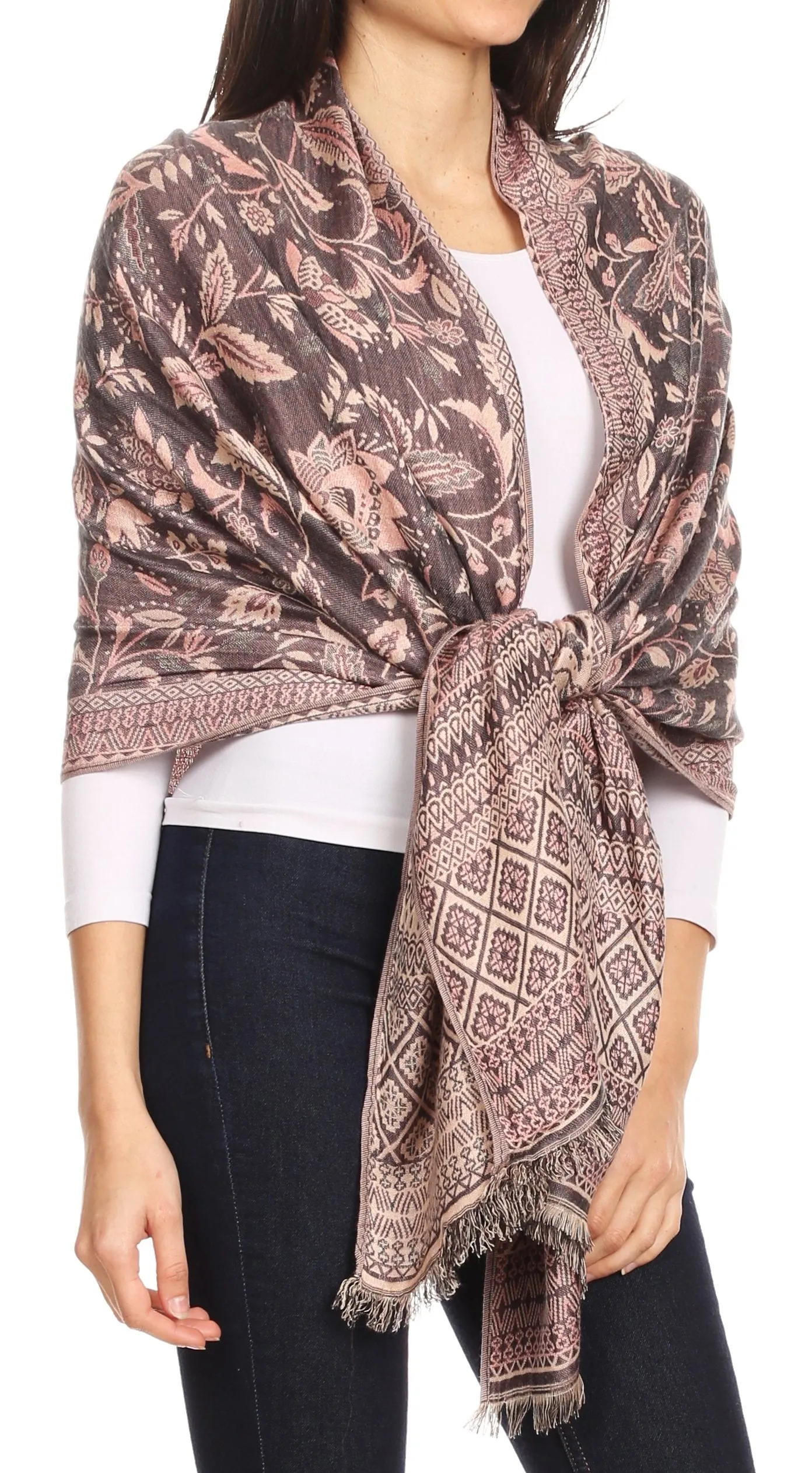 Sakkas Gianna Women's Silky Soft Reversible Floral Woven Pashmina Scarf Shawl Wrap