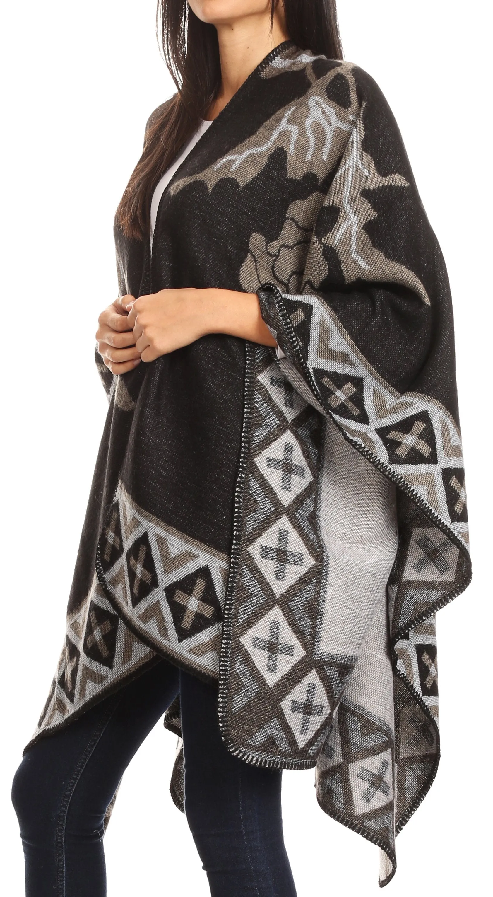 Sakkas Lupe Womens Reversible Poncho Wrap Cape Shawl Sweater Coat Cardigan Pattern