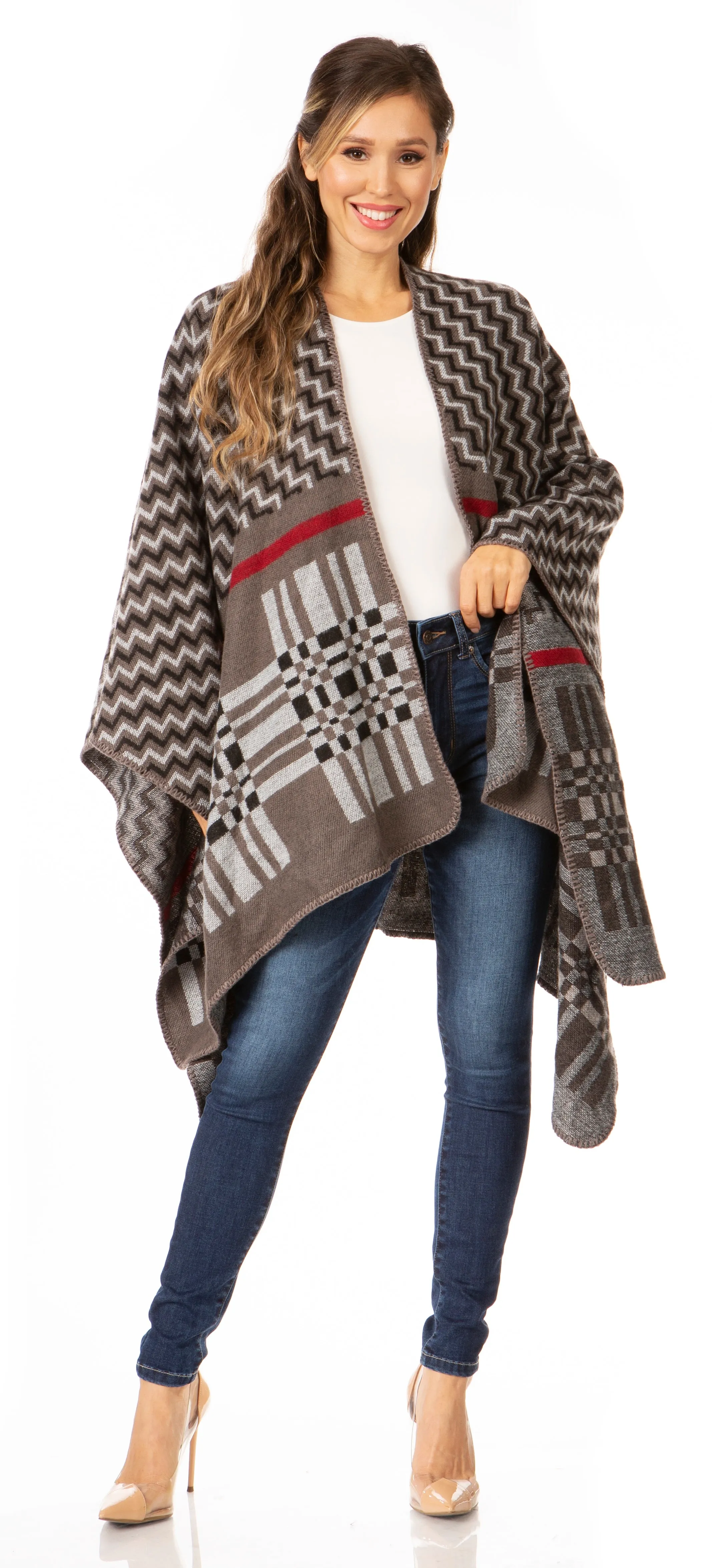 Sakkas Lupe Womens Reversible Poncho Wrap Cape Shawl Sweater Coat Cardigan Pattern