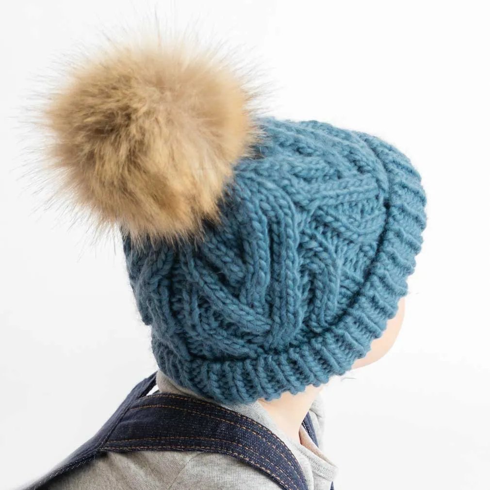 Slate Blue Pop Pom Pom Beanie Hat