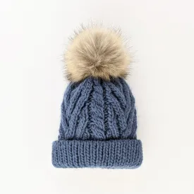 Slate Blue Pop Pom Pom Beanie Hat