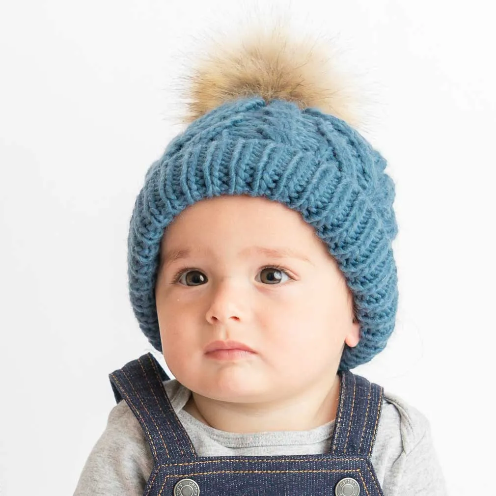 Slate Blue Pop Pom Pom Beanie Hat